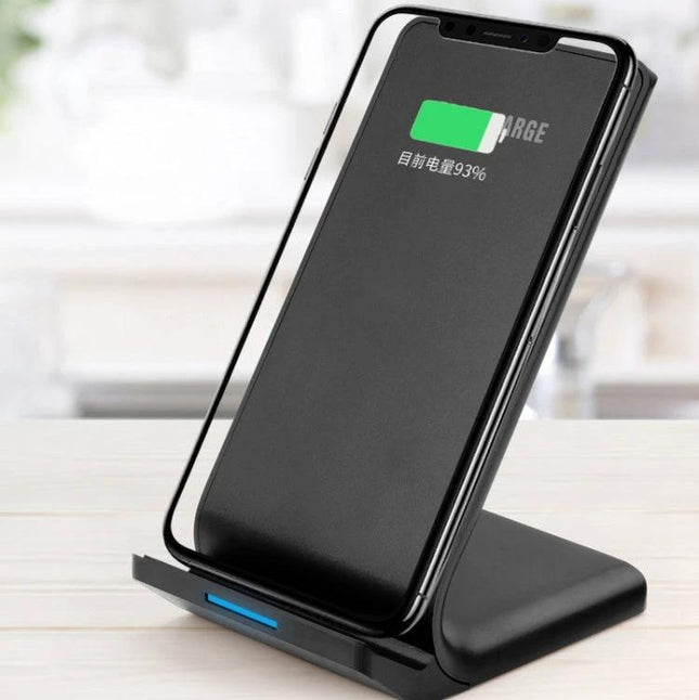 R2 10W Vertical Wireless Charger Desktop Stand Smart Fast Charge Black showing smartphone charging upright on a sleek black desktop stand