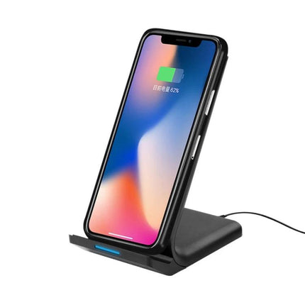 R2 10W Vertical Wireless Charger Desktop Stand Smart Fast Charge Black showing phone charging on a black vertical stand with LED indicator