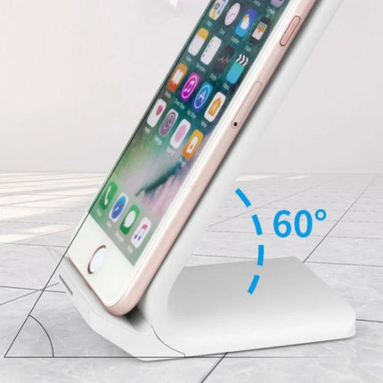 R2 10W Vertical Wireless Charger Desktop Stand Smart Fast Charge Black showing phone at 60° angle on white fast-charging vertical stand