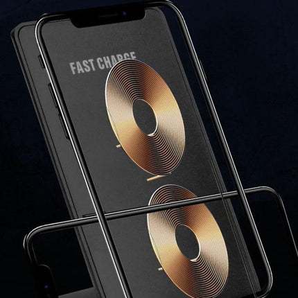 R2 10W Vertical Wireless Charger Desktop Stand Smart Fast Charge Black - black vertical 10W wireless charging stand with phone showing dual coil fast charge
