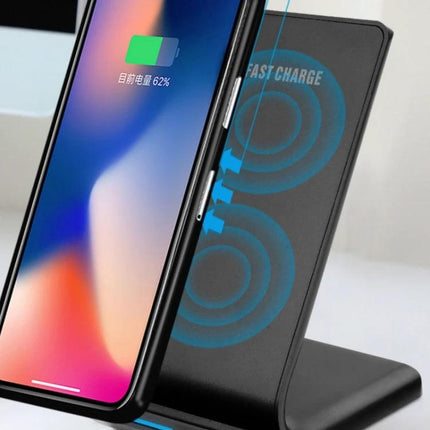 R2 10W Vertical Wireless Charger Desktop Stand Smart Fast Charge Black showing phone charging on black vertical stand with blue fast-charge rings