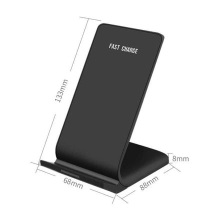 R2 10W Vertical Wireless Charger Desktop Stand Smart Fast Charge Black - black vertical 10W wireless charging stand with fast charge text, 68x88x133mm dimensions