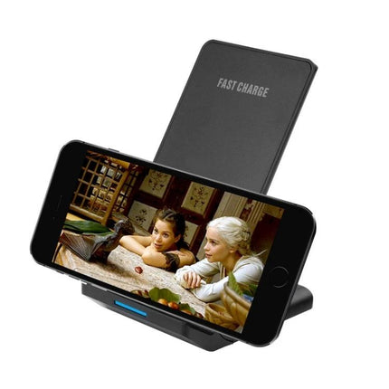 R2 10W Vertical Wireless Charger Desktop Stand Smart Fast Charge Black - vertical stand showing smartphone in landscape playback with LED indicator and FAST CHARGE text