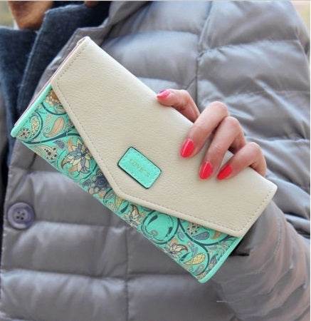 Long Leather Floral Pattern Wallets Coin Purses Money Bag for Women