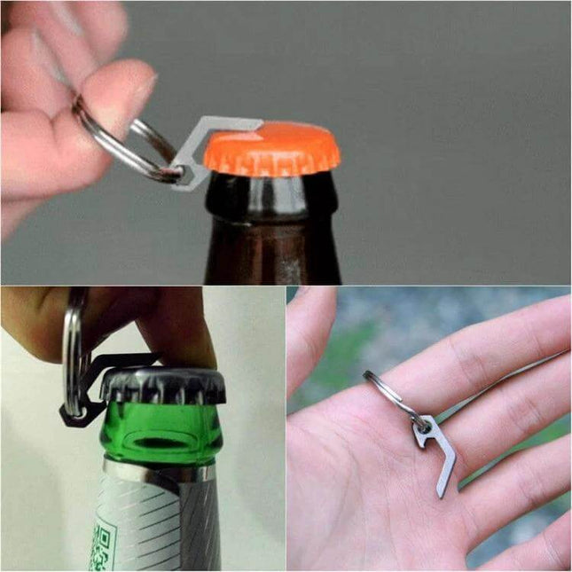EDC Mini Bottle Opener Keyring Titanium Alloy For Camping And Hiking compact titanium keyring bottle opener shown opening beer caps, stainless steel option