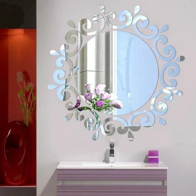 Flower Vine Mirror Wall Sticker Gold For Living Room Decor - round decorative wall mirror sticker with floral vine frame above bathroom sink