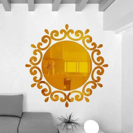 Flower Vine Mirror Wall Sticker Gold For Living Room Decor - round gold floral vine mirror decal for living room wall, adds light and decorative focal point