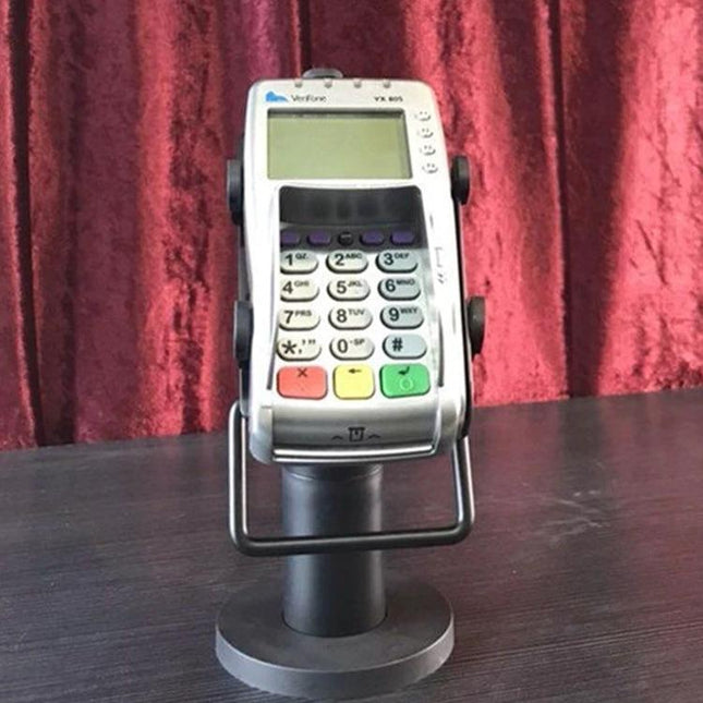 Adjustable Metal Stand for Securing POS Machines on Counters holding card reader with 270° rotation and 75° tilt for retail checkout