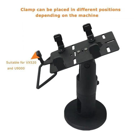 Adjustable Metal Stand for Securing POS Machines on Counters showing 270° rotation and 75° tilt with clamp positions for VX520 U9000
