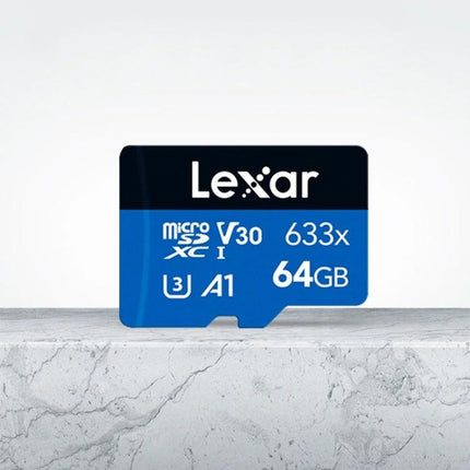 Lexar 64GB TF Memory Card for Dash Cams and Smartphones - blue microSD TF card showing 64GB, V30, A1 performance