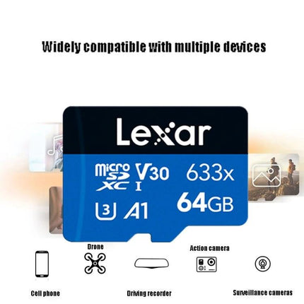 Lexar 64GB TF Memory Card for Dash Cams and Smartphones - blue microSD card showing 64GB, V30, A1, compatible with phones, dash cams, action cams