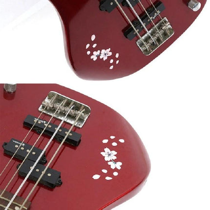 Cherry Blossom Stickers for Daily Guitar Customization on red electric bass near bridge, white floral decals