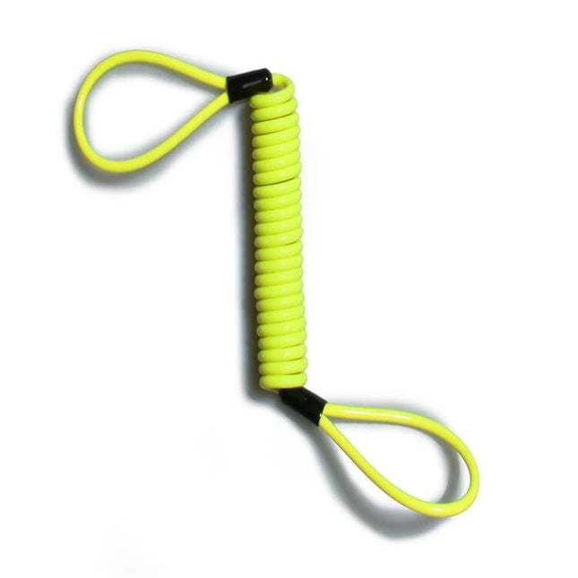 Motorcycle Disc Lock Reminder Cable For Theft Protection - high-visibility coiled yellow cord with loops to connect disc lock and handgrip
