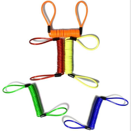 Motorcycle Disc Lock Reminder Cable For Theft Protection - coiled bright colored cable with looped ends for connecting disc lock to handlebar