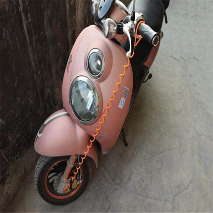 Motorcycle Disc Lock Reminder Cable For Theft Protection - orange coiled reminder cord connecting disc lock to scooter handgrip