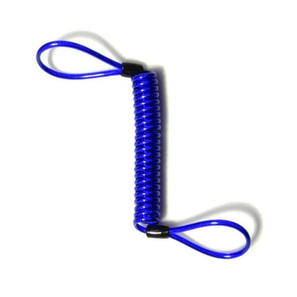 Motorcycle Disc Lock Reminder Cable For Theft Protection – blue coiled reminder cord with handgrip and lock loops