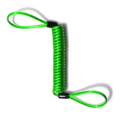 Motorcycle Disc Lock Reminder Cable For Theft Protection - bright green coiled reminder cable with loops for handgrip and disc lock