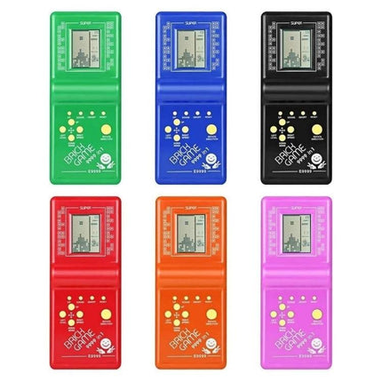 Portable Classic Tetris Handheld Game Console with Built-in Games showing six colorful handheld units (green, blue, black, red, orange, pink)