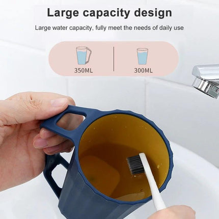 Bathroom Cup for Daily Toothbrushing with Handle shown in navy with toothbrush and 350ml capacity, ergonomic handle for rinsing and draining