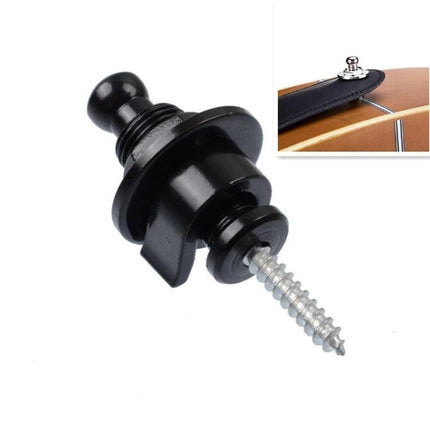 Essential Guitar Strap Lock for Daily Music Practice — black screw-in strap lock shown close-up attached to acoustic guitar