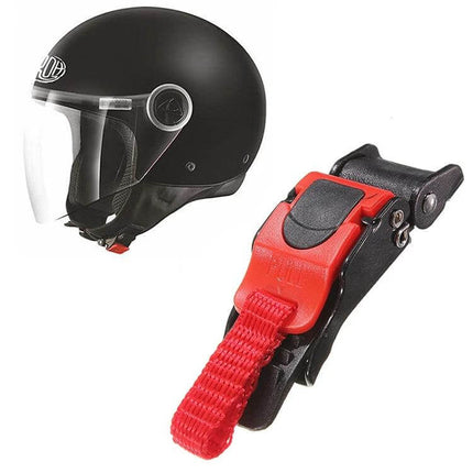 Tirol Helmet Chin Strap Quick Release Buckle for Motorbike - red quick-release sew-on helmet chin strap buckle shown next to black half helmet