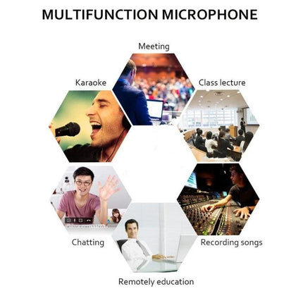 XIAOKOA Microphone For Daily Home Recording And Podcasting showing multifunction uses: karaoke, meetings, classes, chatting, recording songs, remote education
