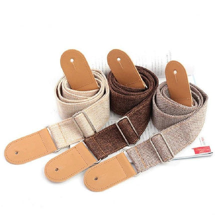 Comfortable Cotton Linen Strap for Everyday Guitar Sessions in natural beige, brown, and grey with adjustable metal buckle and leather ends