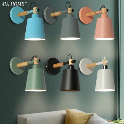Versatile Wall Lamp for Home Lighting in Living Spaces - six colorful iron and wood wall-mounted lamps over sofa, bedside reading and accent lighting