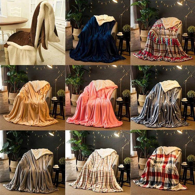 Winter Sofa Blanket Coral For Home And Office Cozy displayed in multiple colors and plaid options draped over chairs and sofas, soft flannel polyester rectangle