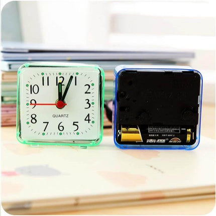 Square Alarm Clock With Transparent Case For Bedside And Office — compact silent AA battery bedside/desk clock, clear ABS case, fits small spaces
