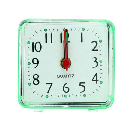 Square Alarm Clock With Transparent Case For Bedside And Office - compact silent quartz bedside clock, clear green ABS case, battery powered