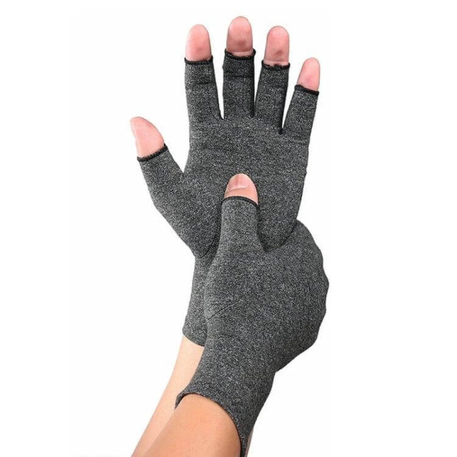 Arthritis Half-Finger Compression Gloves For Everyday Use Size M - gray open-fingertip supportive gloves shown on hands
