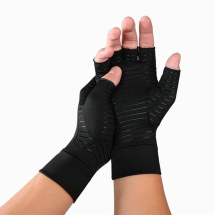 Arthritis Half-Finger Compression Gloves For Everyday Use Size M black open fingertip hands showing dot-matrix support