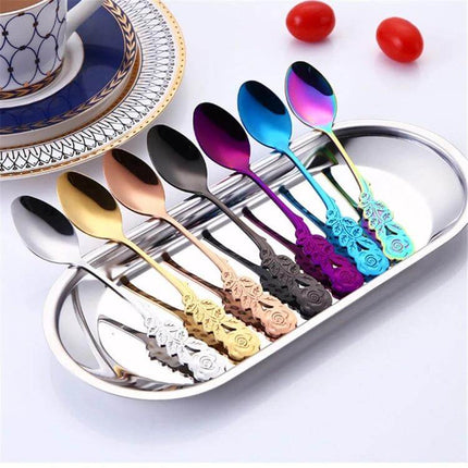 Rose Flower Coffee Spoon For Everyday Use At Home Kitchen - set of colorful stainless steel rose-motif coffee spoons, 13.1 cm, rust-resistant