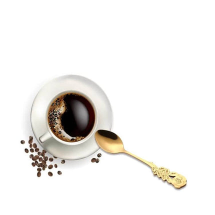 Rose Flower Coffee Spoon For Everyday Use At Home Kitchen - gold stainless steel spoon beside coffee cup, 13.1 cm, rose motif, rust-resistant