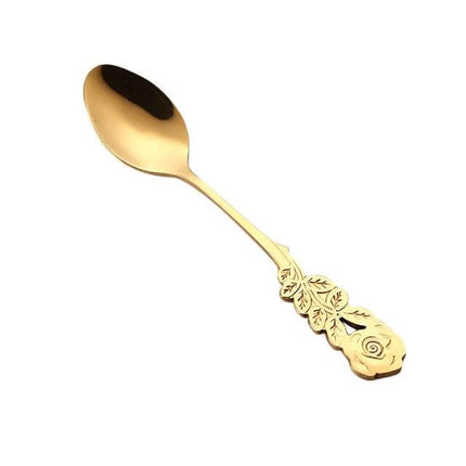 Rose Flower Coffee Spoon For Everyday Use At Home Kitchen - gold stainless steel 13.1cm stirring spoon with rose motif, ergonomic bowl, rust-resistant