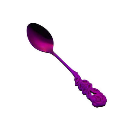 Rose Flower Coffee Spoon For Everyday Use At Home Kitchen - 13.1cm stainless steel rose motif coffee spoon, rust-resistant purple finish