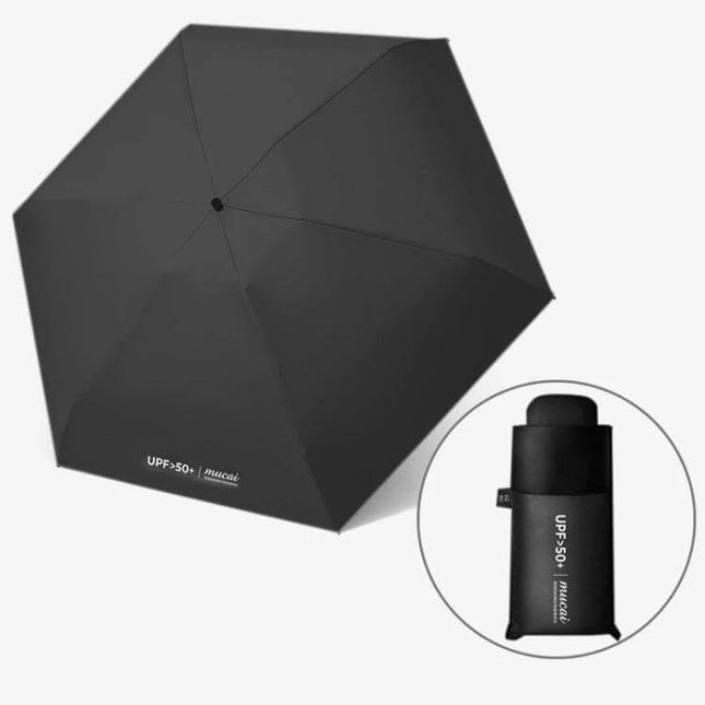 Compact Women's Folding Umbrella for Rain and Sun Protection - Black compact umbrella with UPF50+ cover and travel sleeve