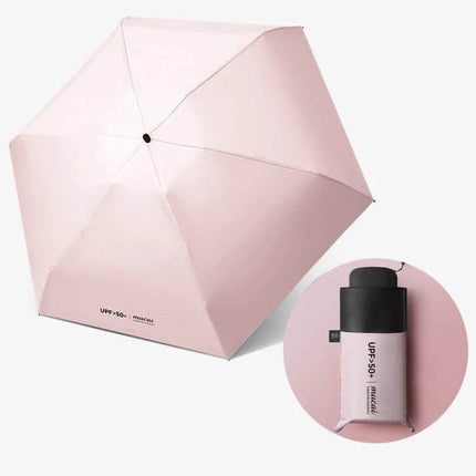 Compact Women's Folding Umbrella for Rain and Sun Protection - compact pink umbrella with UPF50+ sun blocking, folds into small travel sleeve