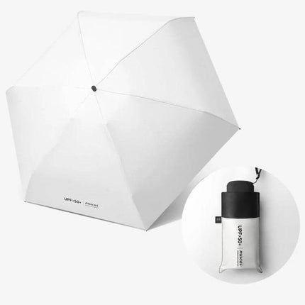 Compact Women's Folding Umbrella for Rain and Sun Protection - compact white umbrella with UPF50+ sun protection and matching pouch