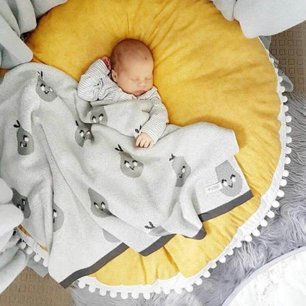 Baby Bean Bag Chair Portable Foldable For Feeding And Naps - yellow round baby bean bag with sleeping infant, cotton exterior and soft PP cotton fill