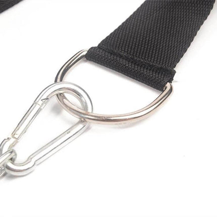 Head And Neck Trainer With Cushioned Belt For Boxing And Martial Arts black adjustable strap with metal carabiner and D-ring close-up