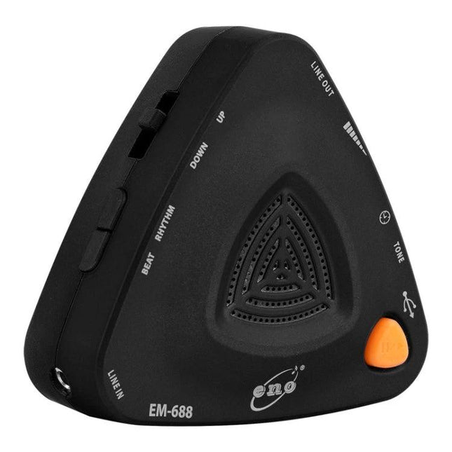 ENO Electronic Metronome for Daily Music Practice at Home black triangular EM-688 metronome with buttons and orange control