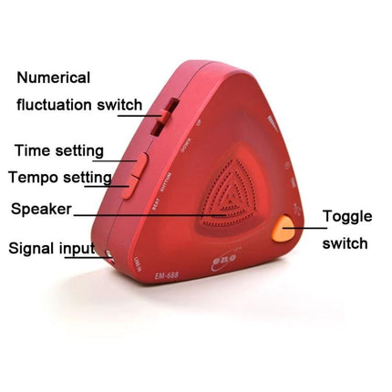 ENO Electronic Metronome for Daily Music Practice at Home red triangular device with tempo, time, numerical fluctuation switches and speaker