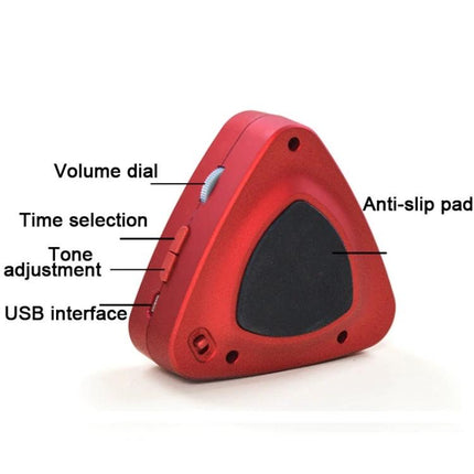 ENO Electronic Metronome for Daily Music Practice at Home - red triangular metronome showing volume dial, time selection, tone adjustment, USB interface, anti-slip pad