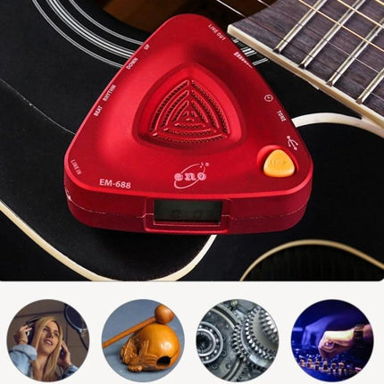 ENO Electronic Metronome for Daily Music Practice at Home - red triangular EM-688 metronome on acoustic guitar