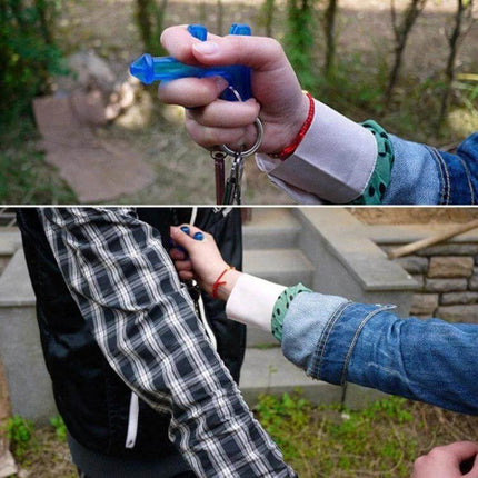 Woman holding Women's Compact Self-Defense Keychain for Everyday Protection while fending off an assailant, discreet keychain in hand