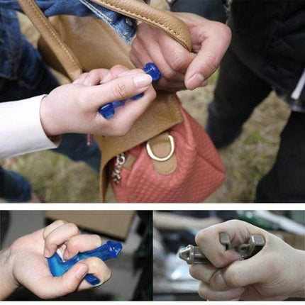 Women's Compact Self-Defense Keychain for Everyday Protection shown in use during a purse snatch scenario, compact blue keychain held for grip and quick response