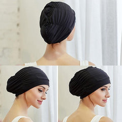 Pleated Cloth Swimming Cap for Women with Earmuffs