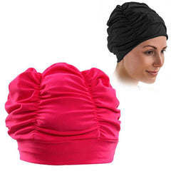 Pleated Cloth Swimming Cap for Women with Earmuffs